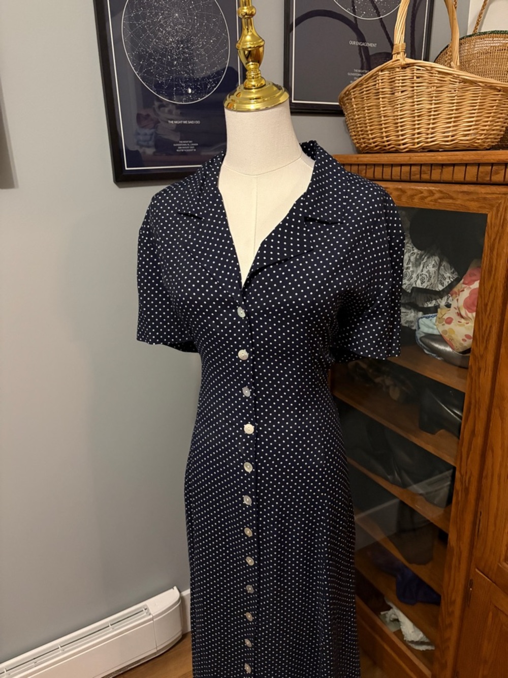 Vintage 90s Sheri Martin Polka Dot Maxi Dress | Navy Button Front Collared Dress - Picture 2 of 10